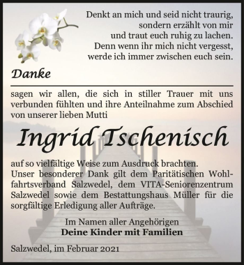 Traueranzeige von Ingrid Tschenisch  von Magdeburger Volksstimme