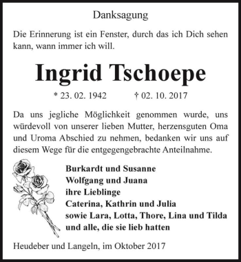 Traueranzeige von Ingrid Tschoepe  von Magdeburger Volksstimme