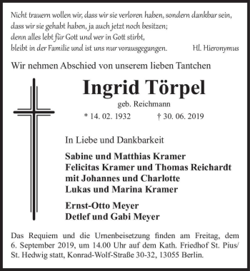 Traueranzeige von Ingrid Törpel (geb. Reichmann)  von Magdeburger Volksstimme