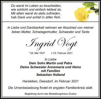 Traueranzeige von Ingrid Vogt  von Magdeburger Volksstimme