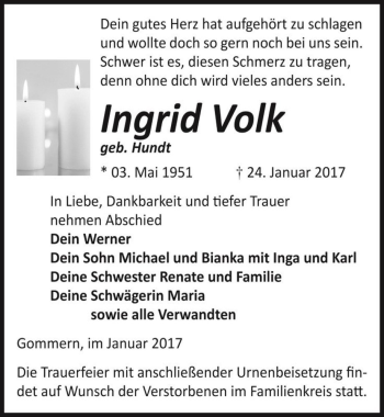 Traueranzeige von Ingrid Volk (geb. Hundt)  von Magdeburger Volksstimme