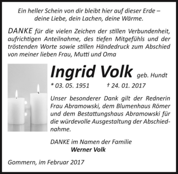 Traueranzeige von Ingrid Volk (geb. Hundt)  von Magdeburger Volksstimme