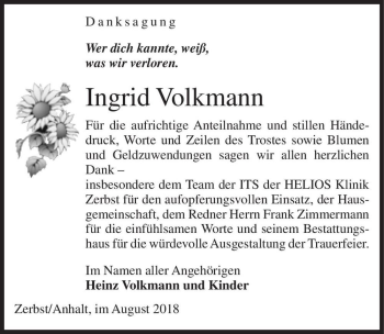 Traueranzeige von Ingrid Volkmann  von Magdeburger Volksstimme