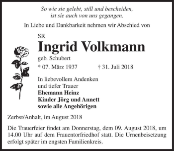 Traueranzeige von Ingrid Volkmann (geb. Schubert)  von Magdeburger Volksstimme
