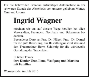 Traueranzeige von Ingrid Wagner  von Magdeburger Volksstimme