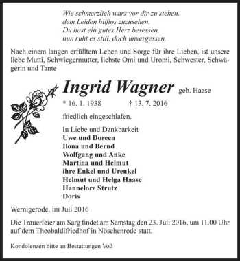 Traueranzeige von Ingrid Wagner (geb. Haase)  von Magdeburger Volksstimme