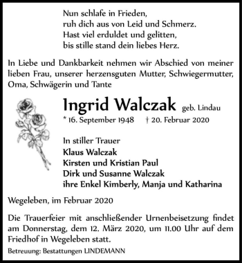 Traueranzeige von Ingrid Walczak (geb. Lindau)  von Magdeburger Volksstimme