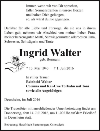 Traueranzeige von Ingrid Walter (geb. Bormann)  von Magdeburger Volksstimme
