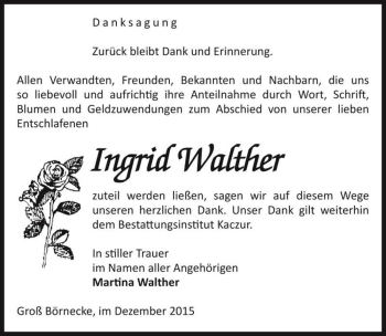 Traueranzeige von Ingrid Walther  von Magdeburger Volksstimme