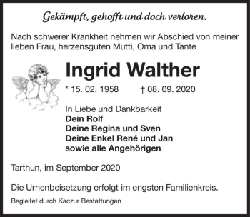 Traueranzeige von Ingrid Walther  von Magdeburger Volksstimme