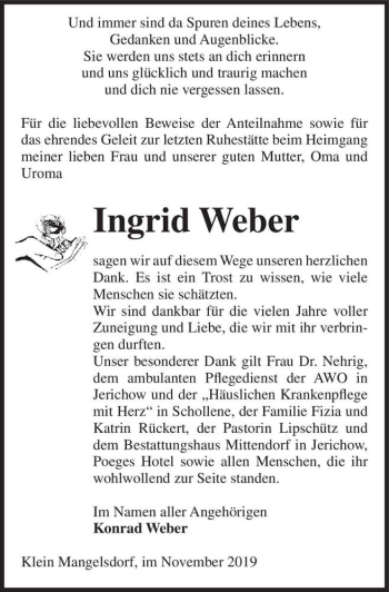 Traueranzeige von Ingrid Weber  von Magdeburger Volksstimme