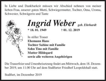 Traueranzeige von Ingrid Weber (geb. Ehrhardt)  von Magdeburger Volksstimme