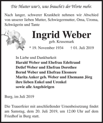 Traueranzeige von Ingrid Weber (geb. Krusemark)  von Magdeburger Volksstimme