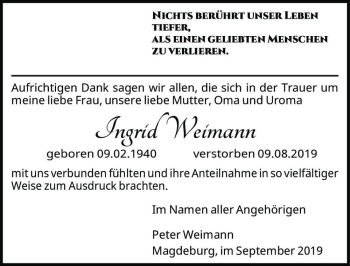 Traueranzeige von Ingrid Weimann  von Magdeburger Volksstimme