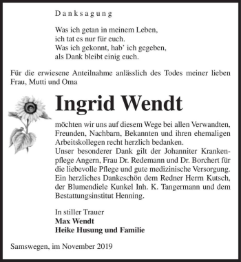 Traueranzeige von Ingrid Wendt  von Magdeburger Volksstimme