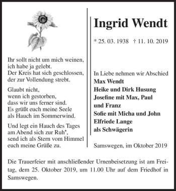 Traueranzeige von Ingrid Wendt  von Magdeburger Volksstimme