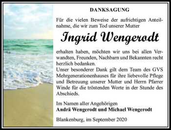Traueranzeige von Ingrid Wengerodt  von Magdeburger Volksstimme