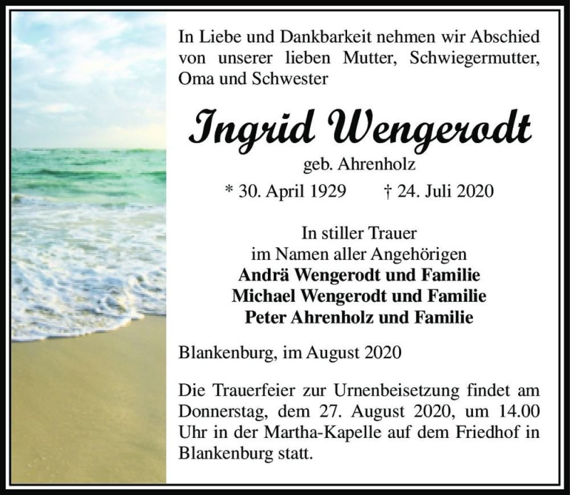  Traueranzeige für Ingrid Wengerodt (geb. Ahrenholz)  vom 22.08.2020 aus Magdeburger Volksstimme