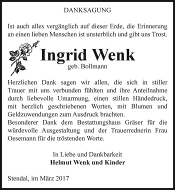 Traueranzeige von Ingrid Wenk (geb. Bollmann)  von Magdeburger Volksstimme