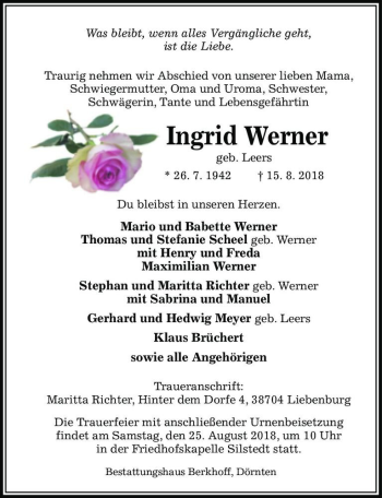 Traueranzeige von Ingrid Werner (geb. Leers)  von Magdeburger Volksstimme