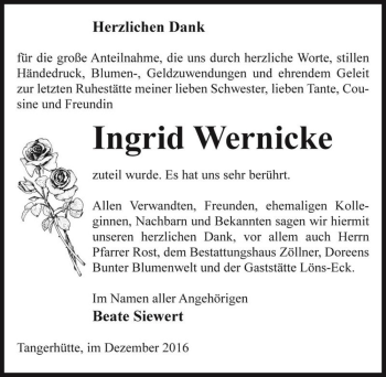 Traueranzeige von Ingrid Wernicke  von Magdeburger Volksstimme