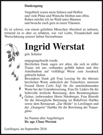 Traueranzeige von Ingrid Werstat (geb. Schulz)  von Magdeburger Volksstimme
