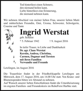 Traueranzeige von Ingrid Werstat (geb. Schulze)  von Magdeburger Volksstimme