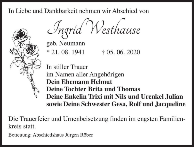  Traueranzeige für Ingrid Westhause (geb. Neumann)  vom 13.06.2020 aus Magdeburger Volksstimme