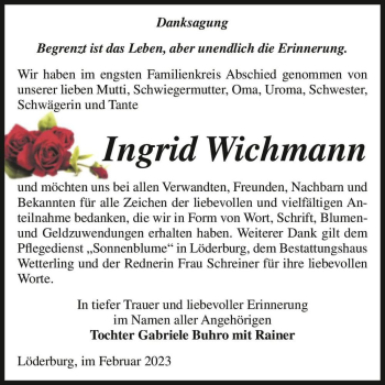 Traueranzeige von Ingrid Wichmann  von Magdeburger Volksstimme