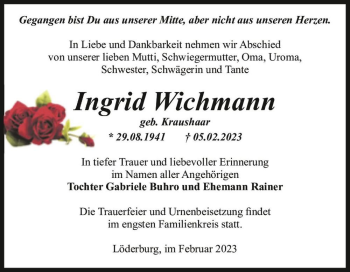 Traueranzeige von Ingrid Wichmann (geb. Kraushaar)  von Magdeburger Volksstimme