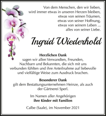 Traueranzeige von Ingrid Wiederhold  von Magdeburger Volksstimme