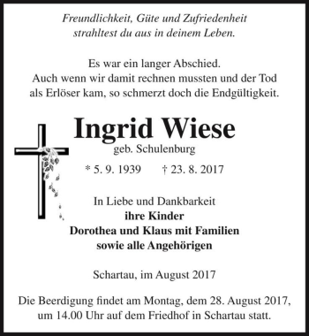 Traueranzeige von Ingrid Wiese (geb. Schulenburg)  von Magdeburger Volksstimme
