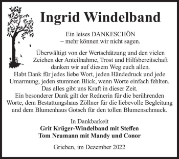 Traueranzeige von Ingrid Windelband  von Magdeburger Volksstimme