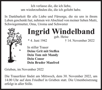 Traueranzeige von Ingrid Windelband (geb. Heise)  von Magdeburger Volksstimme