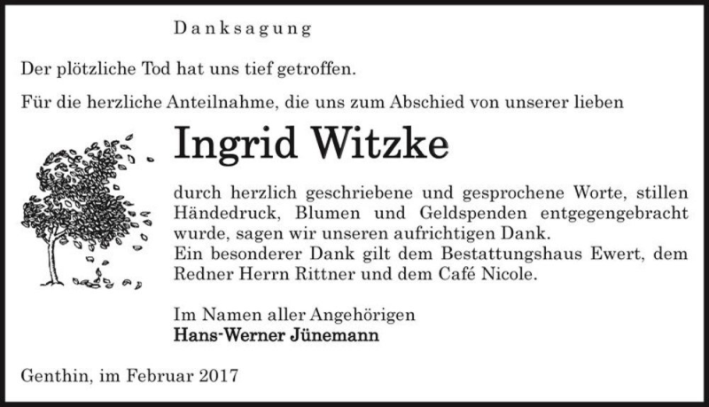  Traueranzeige für Ingrid Witzke  vom 17.02.2017 aus Magdeburger Volksstimme
