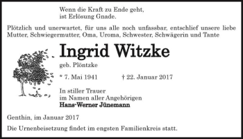 Traueranzeige von Ingrid Witzke (geb. Plöntzke)  von Magdeburger Volksstimme