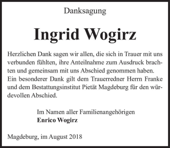 Traueranzeige von Ingrid Wogirz  von Magdeburger Volksstimme