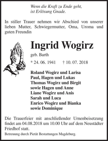 Traueranzeige von Ingrid Wogirz (geb. Barth)  von Magdeburger Volksstimme