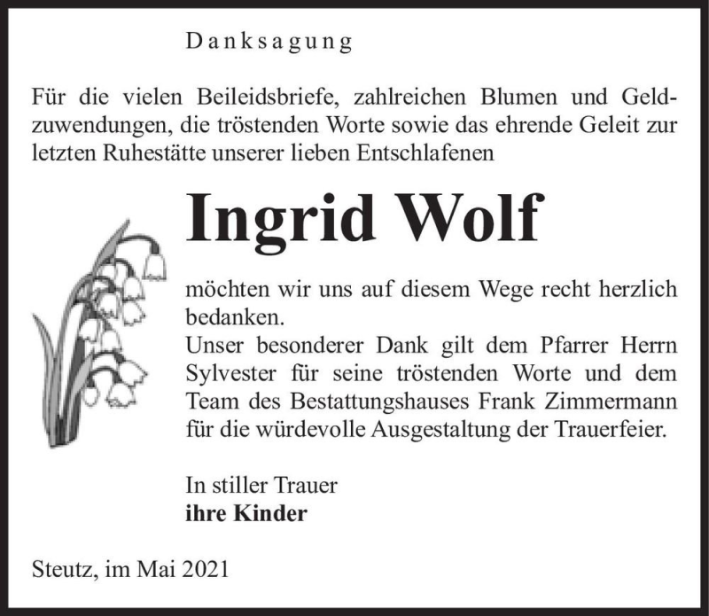  Traueranzeige für Ingrid Wolf  vom 15.05.2021 aus Magdeburger Volksstimme