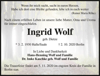 Traueranzeige von Ingrid Wolf (geb. Dietze)  von Magdeburger Volksstimme