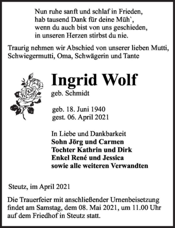 Traueranzeige von Ingrid Wolf (geb. Schmidt)  von Magdeburger Volksstimme