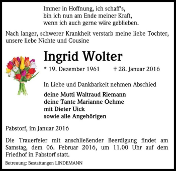 Traueranzeige von Ingrid Wolter  von Magdeburger Volksstimme