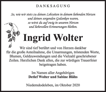 Traueranzeige von Ingrid Wolter  von Magdeburger Volksstimme
