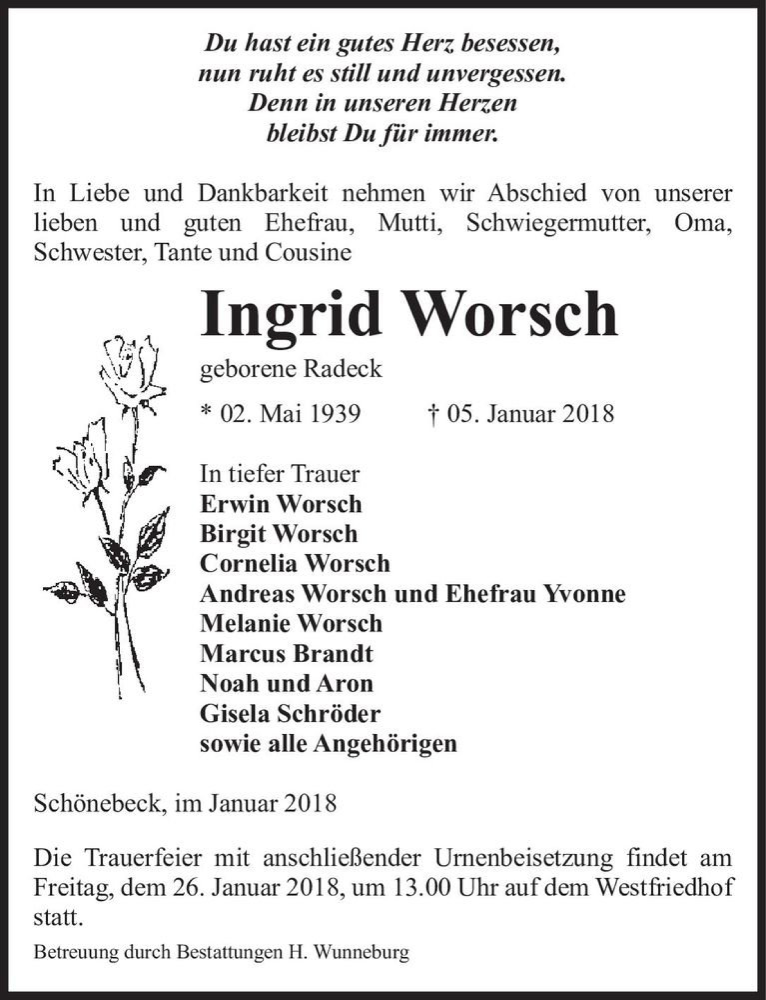  Traueranzeige für Ingrid Worsch (geb. Radeck)  vom 20.01.2018 aus Magdeburger Volksstimme