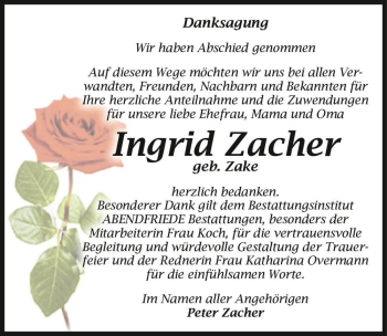 Traueranzeige von Ingrid Zacher (geb. Zake)  von Magdeburger Volksstimme