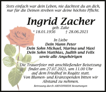 Traueranzeige von Ingrid Zacher (geb. Zake)  von Magdeburger Volksstimme
