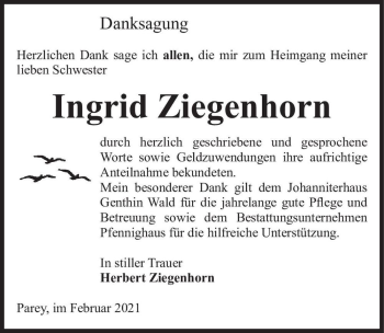Traueranzeige von Ingrid Ziegenhorn  von Magdeburger Volksstimme