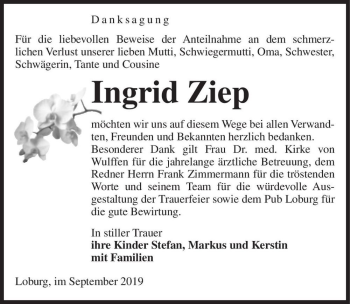 Traueranzeige von Ingrid Ziep  von Magdeburger Volksstimme
