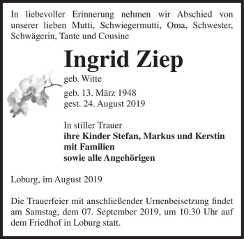 Traueranzeige von Ingrid Ziep (geb. Witte)  von Magdeburger Volksstimme