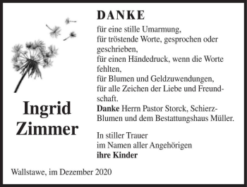 Traueranzeige von Ingrid Zimmer  von Magdeburger Volksstimme